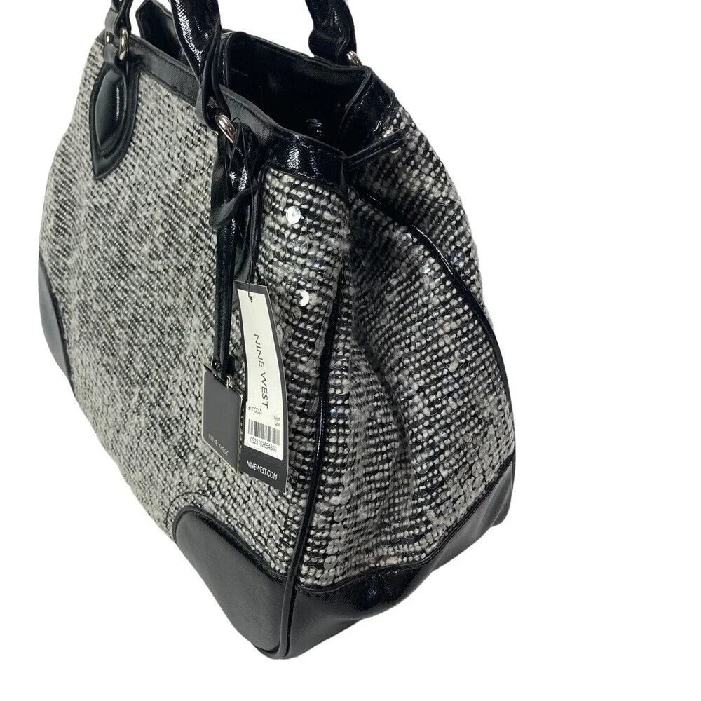 NWT NINE WEST‎ Handbag Satchel Double Handle Black White Sequins  15x10x5.5